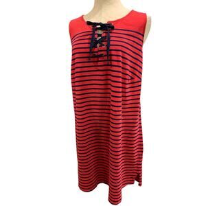 1X Talbots Woman Casual Knit Shift Dress Red Navy Blue Stripe Sleeveless